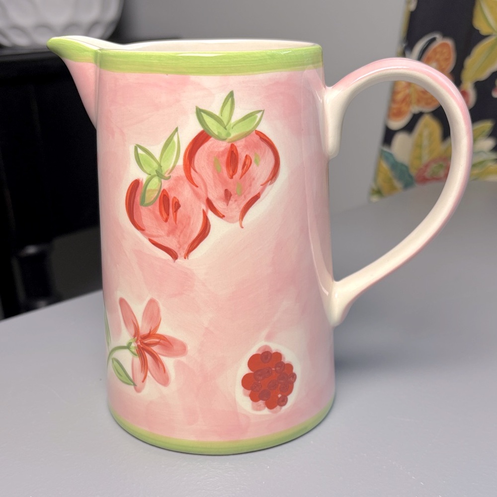 VTG April Cornell Strawberry Creamer Milk Pitcher Pink Red Green 2002